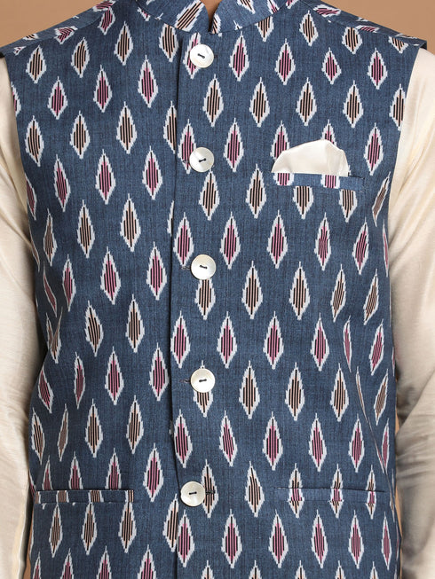 Men's Grey Printed Cotton Nehru Jacket With Cream Kurta Pyjama