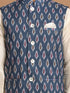 Men's Grey Printed Cotton Nehru Jacket With Cream Kurta Pyjama