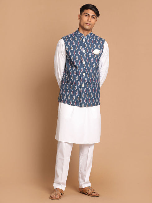 Men's Grey Printed Cotton Nehru Jacket With White Kurta And Pant Set