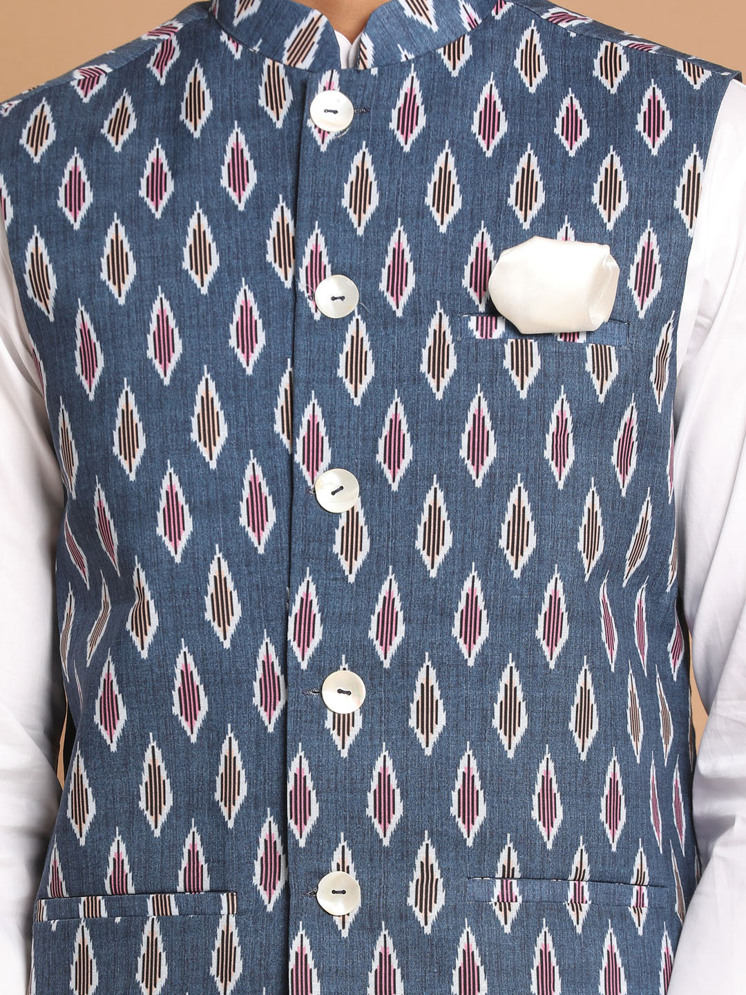 Men's Grey and White Pure Cotton Ikat Jacket Kurta Pyjama Set