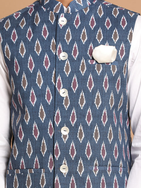 Men's Grey Printed Cotton Nehru Jacket With White Kurta And Pant Set