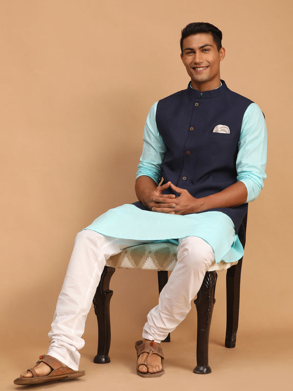 Men's Navy Blue Solid Cotton Nehru Jacket With Aqua Blue Kurta And White Pyjama Set
