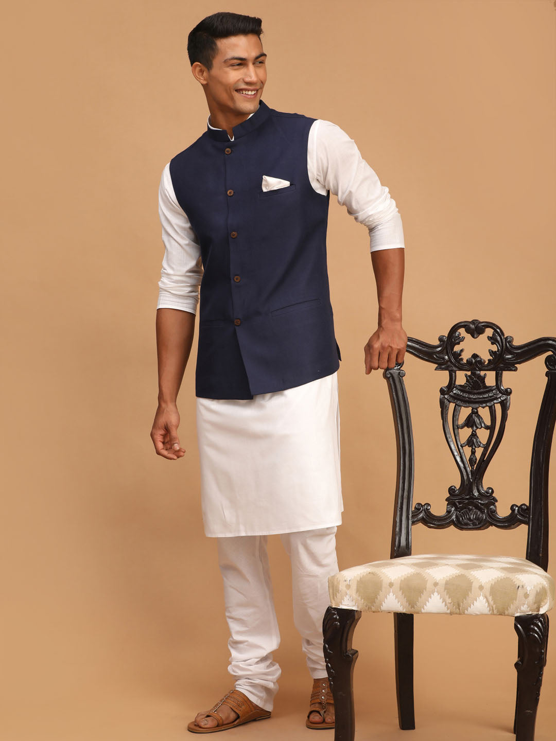 Men's Navy Blue Solid Cotton Nehru Jacket With White Kurta And Pyjama Set