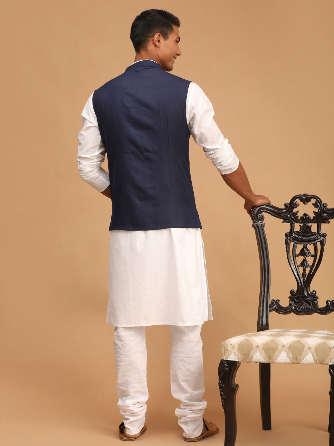 Men's Navy Blue Solid Cotton Nehru Jacket With White Kurta And Pyjama Set