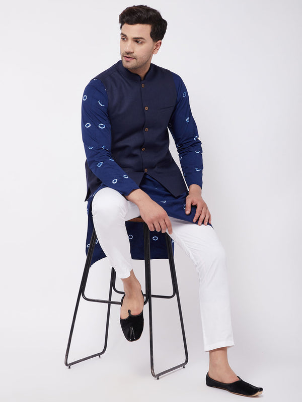 Men's Cotton Kurta And Pyjama With Navy Blue Solid Nehru Jacket