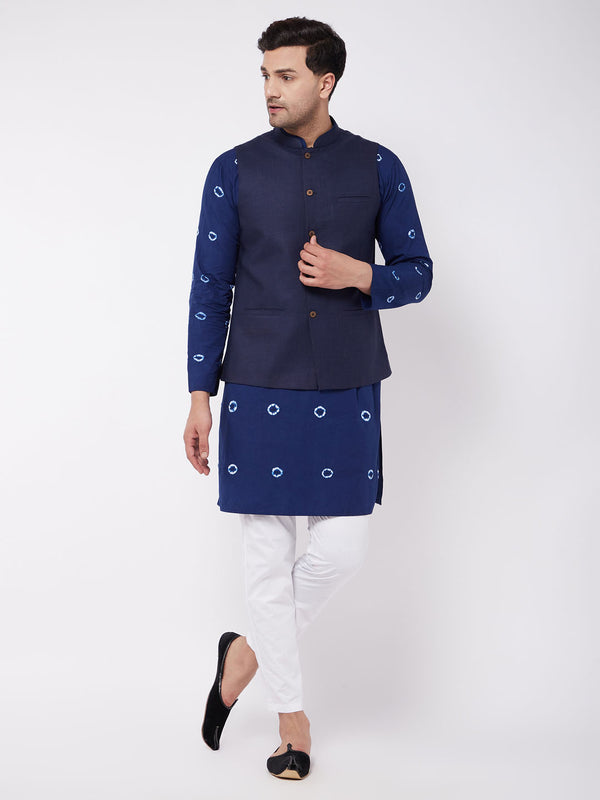 Men's Navy Blue Solid Nehru Jacket With Blue Tie Dye Print Kurta And White Cotton Pant Style Pyjama