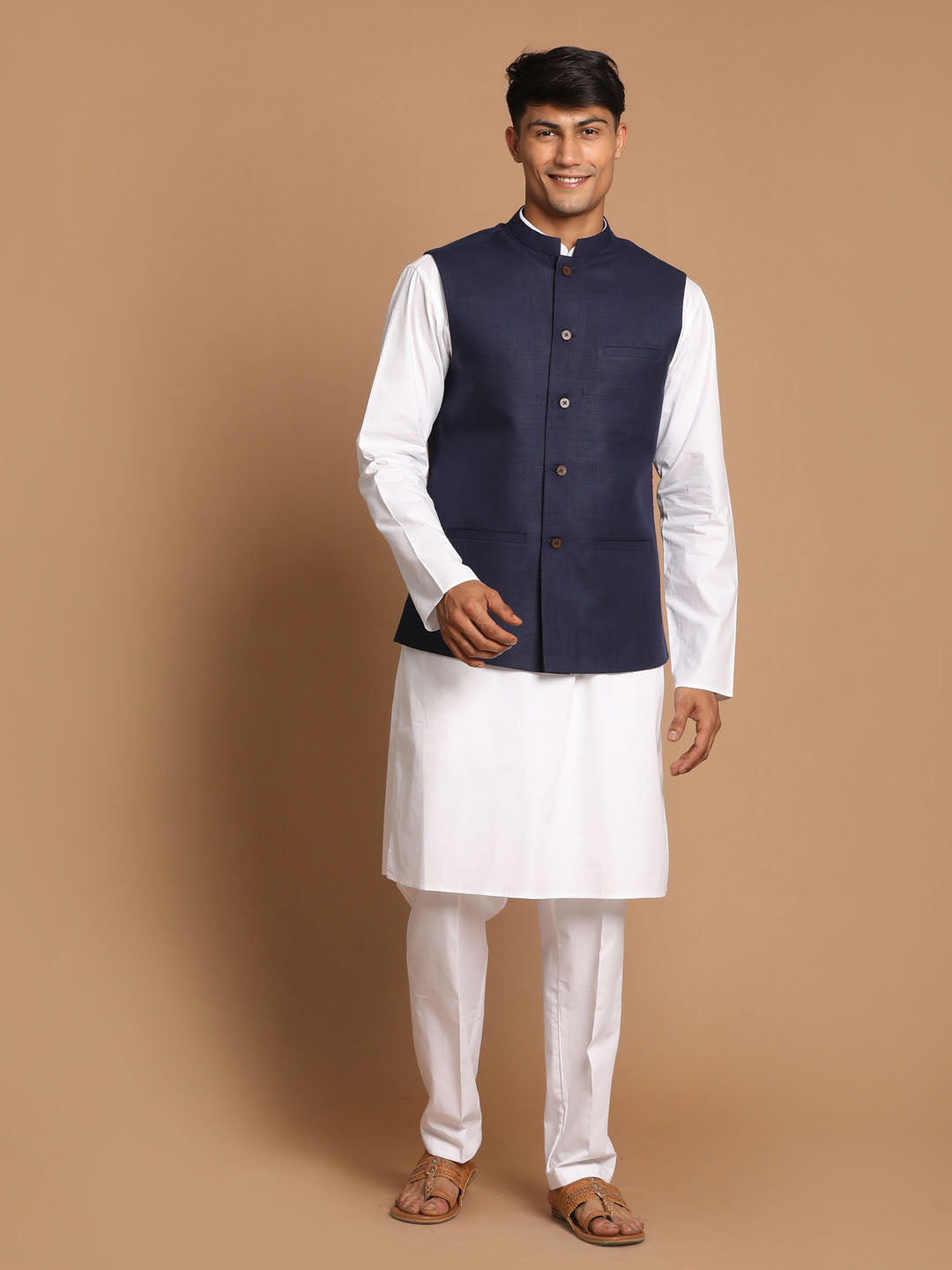 Men's Navy Blue Solid Nehru Jacket With White Solid Kurta And White Cotton Pant Style Pyjama Set