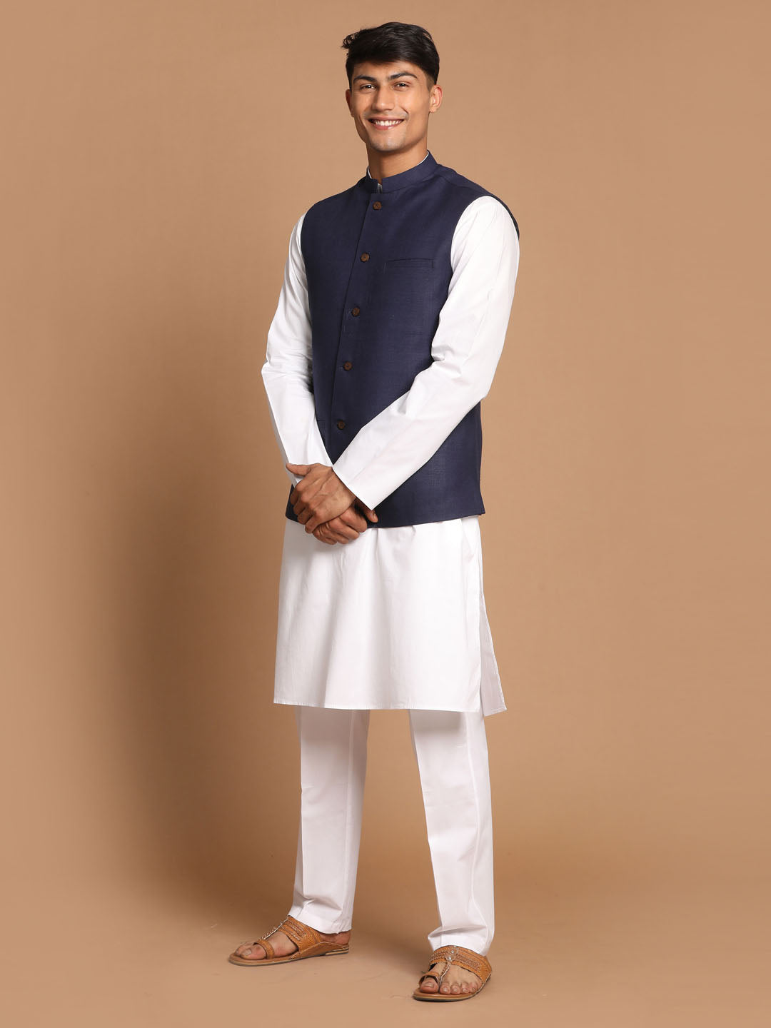 Men's Navy Blue Solid Nehru Jacket With White Solid Kurta And White Cotton Pant Style Pyjama Set