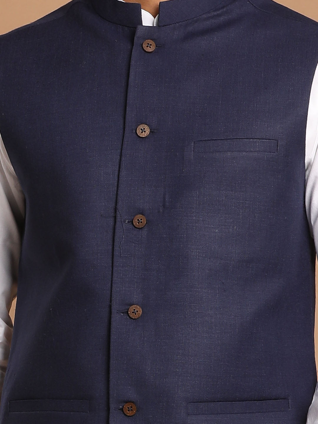 Men's Navy Blue Solid Nehru Jacket With White Solid Kurta And White Cotton Pant Style Pyjama Set