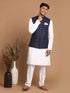 Men's Navy Blue Solid Nehru Jacket With White Solid Kurta And White Cotton Pant Style Pyjama Set