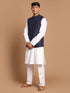 Men's Navy Blue Solid Nehru Jacket With White Solid Kurta And White Cotton Pant Style Pyjama Set