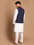 Men's Navy Blue Solid Nehru Jacket With White Solid Kurta And White Cotton Pant Style Pyjama Set