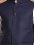 Men's Navy Blue Solid Nehru Jacket With White Solid Kurta And White Cotton Pant Style Pyjama Set