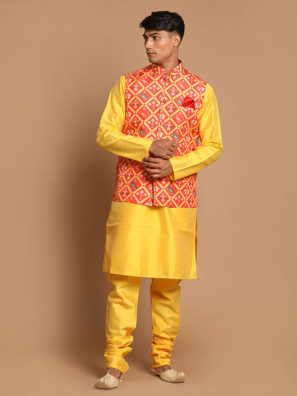 Red Patola Print Nehru Jacket With Yellow Kurta Pyjama Set