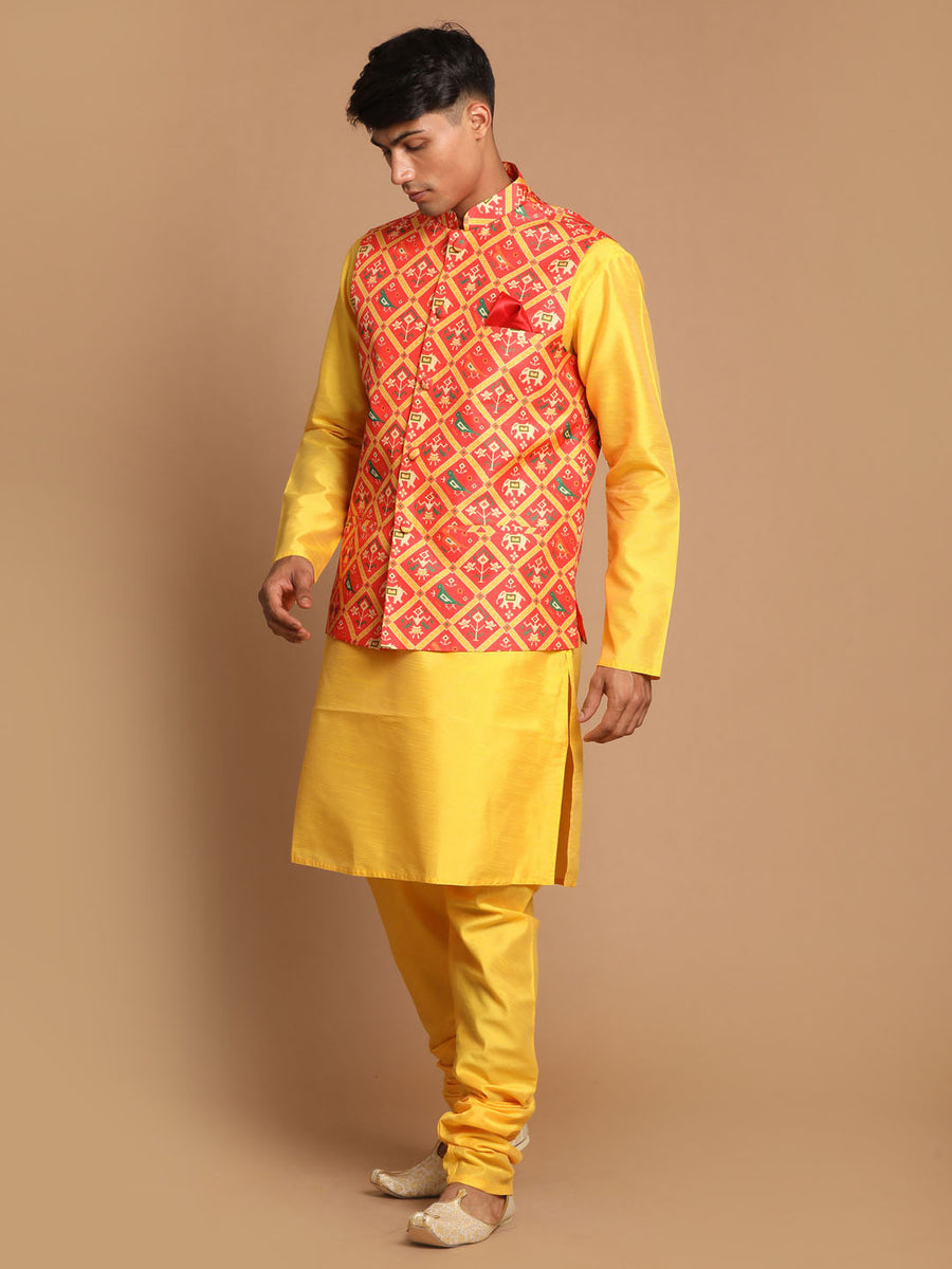 Men's Patola Nehru Jacket Kurta Set in Red Yellow VASTRAMAY