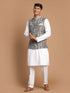 Men's Grey Printed Nehru Jacket With White Solid Kurta & White Cotton Pant Set