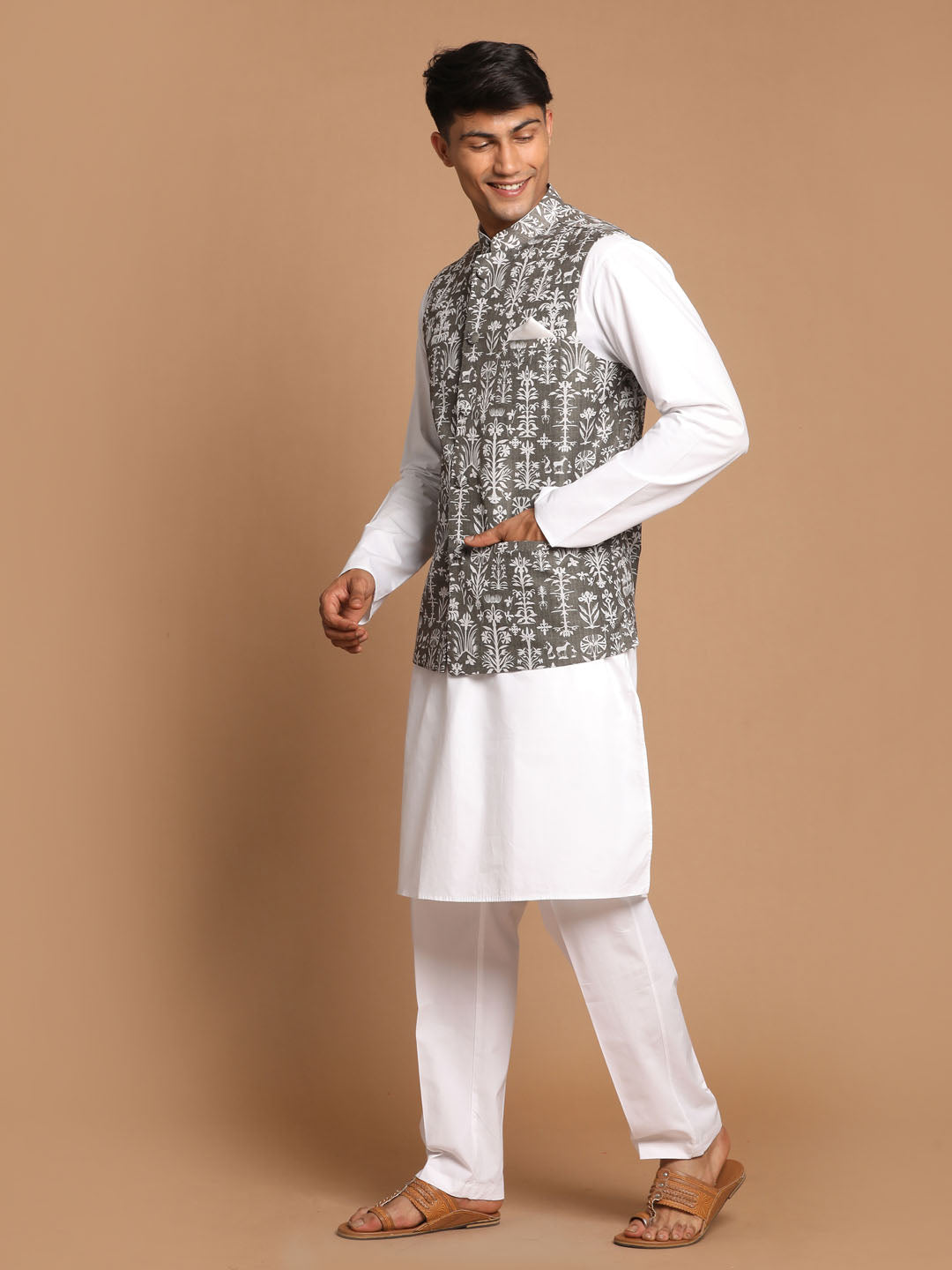Men's Grey Printed Nehru Jacket With White Solid Kurta & White Cotton Pant Set