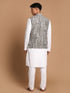 Men's Grey Printed Nehru Jacket With White Solid Kurta & White Cotton Pant Set