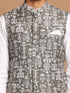 Men's Grey Printed Nehru Jacket With White Solid Kurta & White Cotton Pant Set