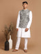 Men's Grey Printed Nehru Jacket With White Solid Kurta & White Cotton Pant Set