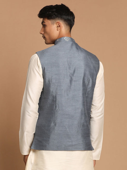 Vastramy Men's Grey Mirror-Work Ethnic Jacket