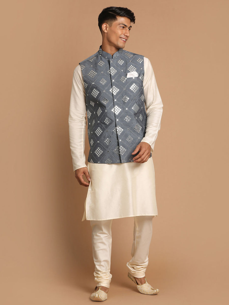 Mirror Work Ethnic Sleeveless Jacket Men's Grey Mirror-Work Silk