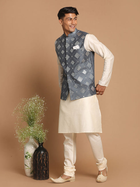 Men's Grey Mirror-Work Silk Blend Nehru Jacket With Solid Kurta & Pyjama Set