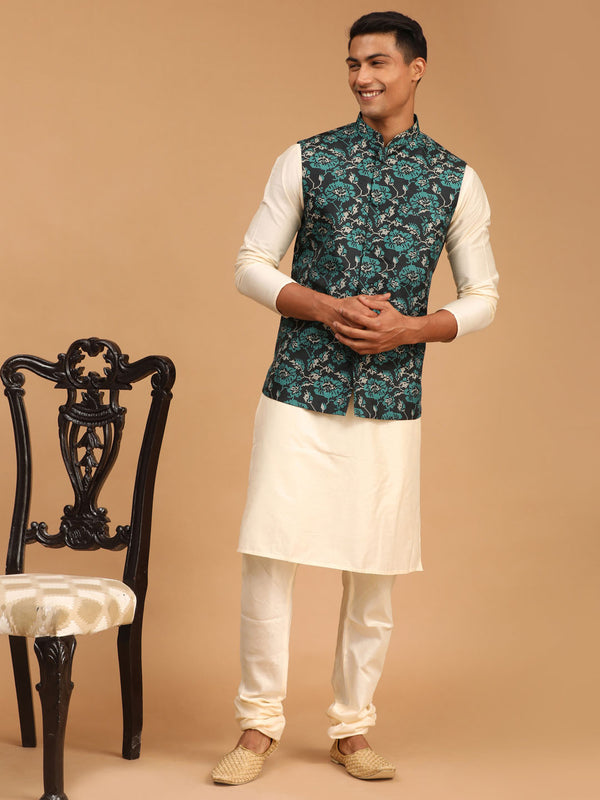Men's Green Printed Nehru Jacket With Cream Solid Kurta & Pyjama Set