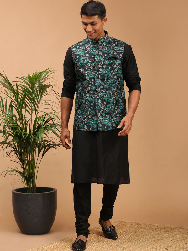 Men's Green Printed Nehru Jacket With Black Solid Kurta & Pyjama Set