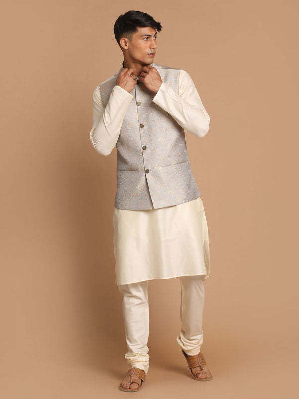 Men's Grey Woven Jacket And Cream Solid Kurta With Pajama Set