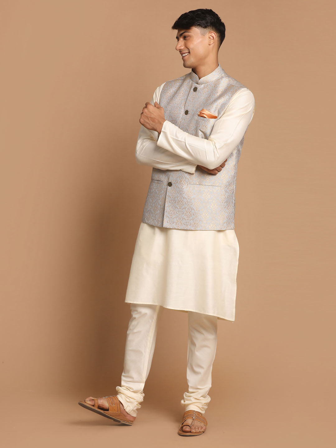 Men's Grey Woven Jacket And Cream Solid Kurta With Pajama Set