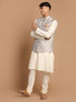 Men's Grey Woven Jacket And Cream Solid Kurta With Pajama Set