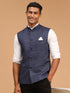 Navy Blue Cotton Blend Solid Nehru Jacket