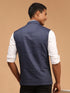 Navy Blue Cotton Blend Solid Nehru Jacket