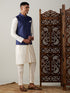 Navy Blue Cotton Blend Solid Nehru Jacket With Cream Kurta And Pant Set