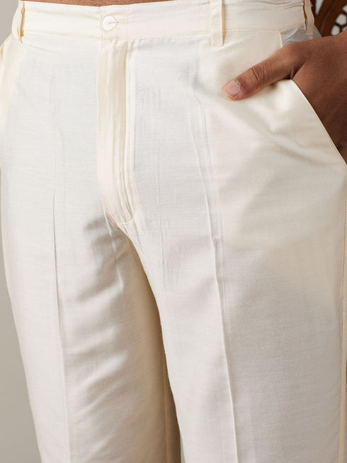 Navy Blue Cotton Blend Solid Nehru Jacket With Cream Kurta And Pant Set