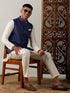 Navy Blue Cotton Blend Solid Nehru Jacket With Cream Kurta And Pant Set