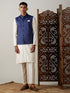 Navy Blue Cotton Blend Solid Nehru Jacket With Cream Kurta And Pant Set
