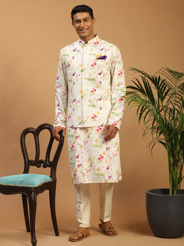 Cream Printed Nehru Jacket And Multicolor-Base Printed Kurta With Cream Viscose Stylish Pant Set