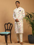 Cream Printed Nehru Jacket And Multicolor-Base Printed Kurta With Cream Viscose Stylish Pant Set