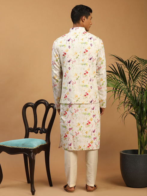 Cream Printed Nehru Jacket And Multicolor-Base Printed Kurta With Cream Viscose Stylish Pant Set