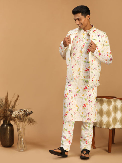 Cream Printed Nehru Jacket And Multicolor-Base Printed Kurta With Matching Rayon Pant Set