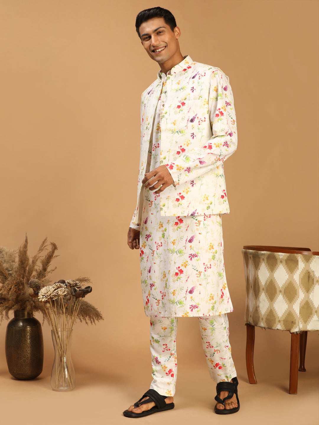 Cream Printed Nehru Jacket And Multicolor-Base Printed Kurta With Matching Rayon Pant Set
