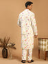 Cream Printed Nehru Jacket And Multicolor-Base Printed Kurta With Matching Rayon Pant Set