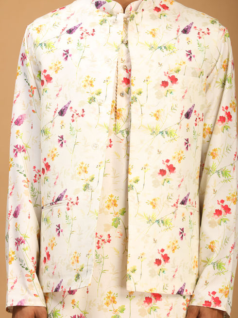 Cream Printed Nehru Jacket And Multicolor-Base Printed Kurta With Matching Rayon Pant Set