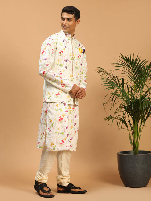 Cream Printed Nehru Jacket And Multicolor-Base Printed Kurta With Cream Pyjama Set