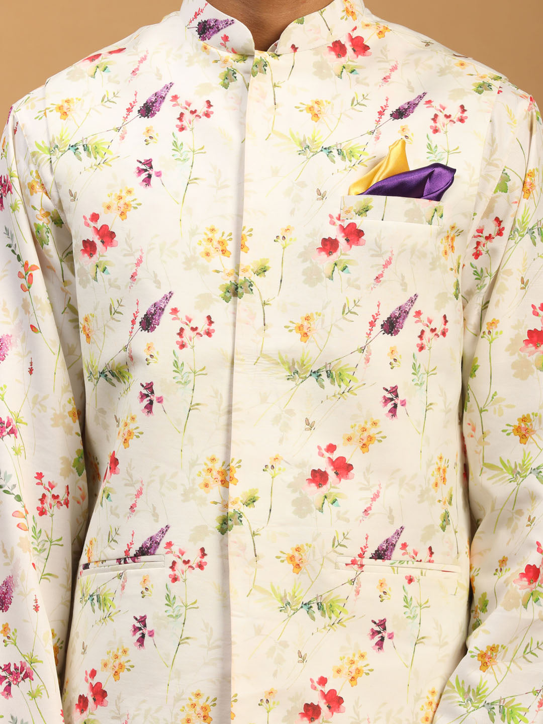 Cream Printed Nehru Jacket And Multicolor-Base Printed Kurta With Cream Pyjama Set