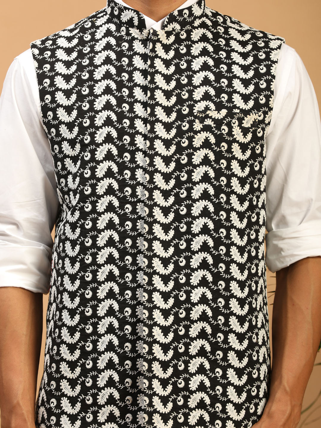 Men Black Chikankari Embroidered Pure Cotton Nehru Jacket