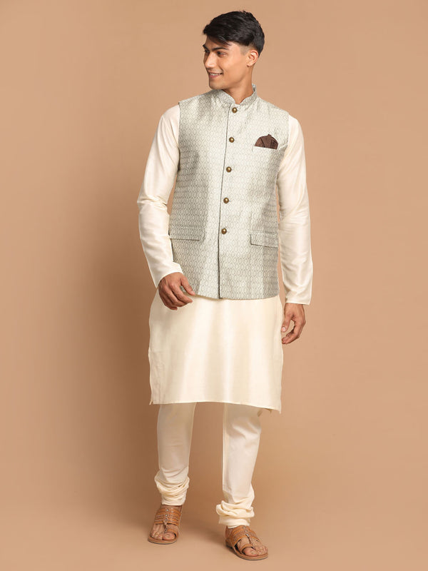 Men's Beige Jacquard Nehru Jacket With Kurta Pyjama Set