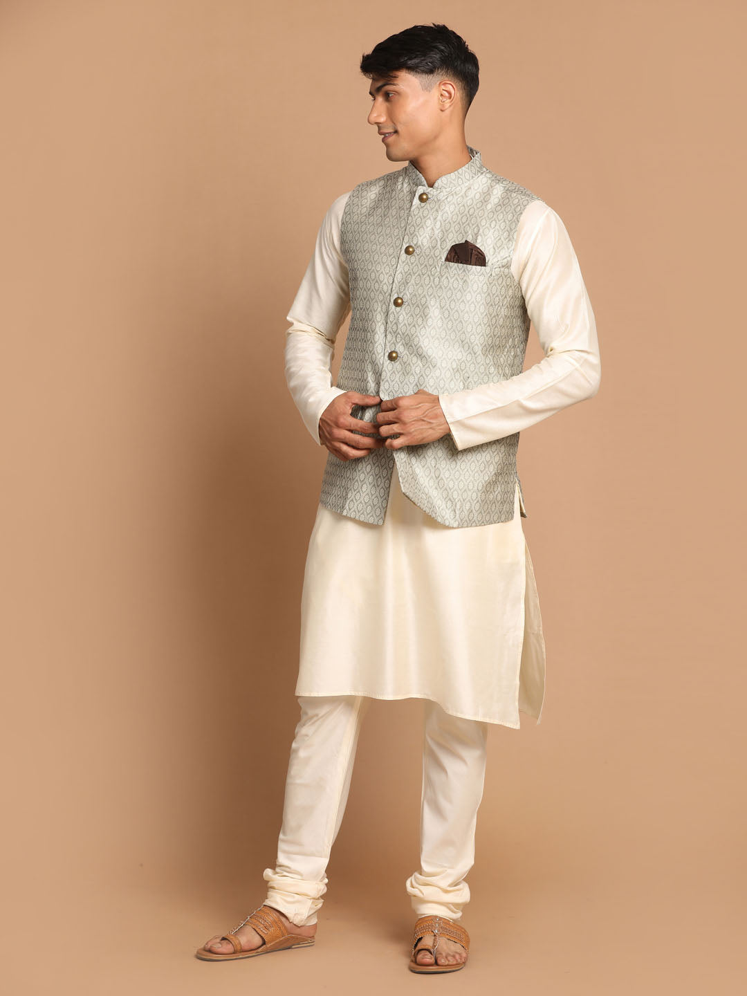 Men's Beige Jacquard Nehru Jacket With Kurta Pyjama Set